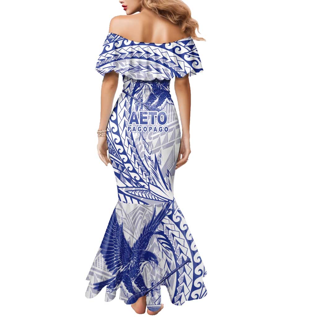American Samoa Pago Pago Aeto Family Matching Mermaid Dress and Hawaiian Shirt Wingstyle Blue-White Color LT03 - Polynesian Pride