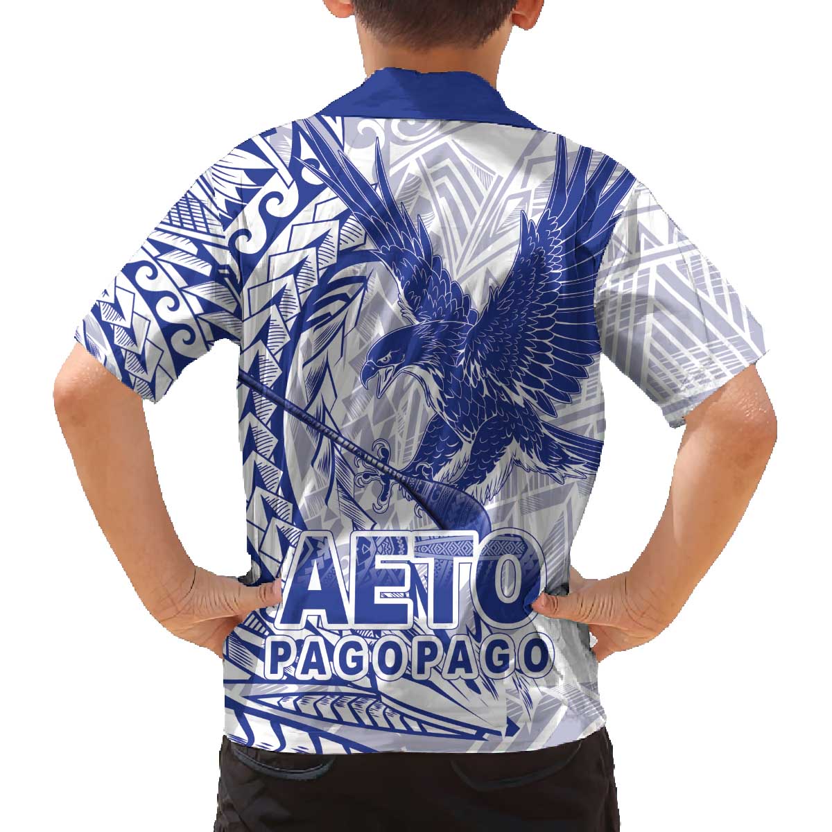 American Samoa Pago Pago Aeto Family Matching Off The Shoulder Long Sleeve Dress and Hawaiian Shirt Wingstyle Blue-White Color LT03 - Polynesian Pride