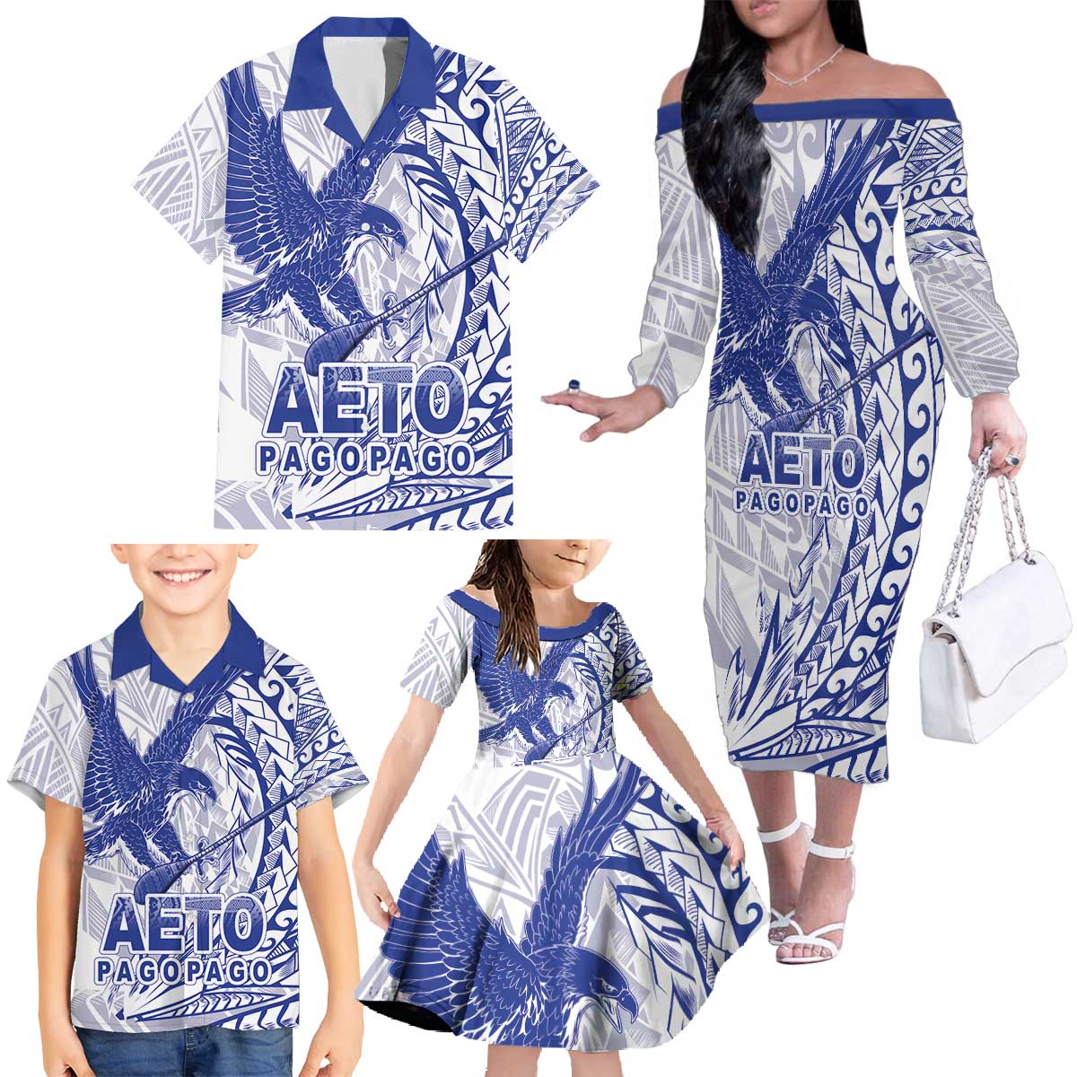 American Samoa Pago Pago Aeto Family Matching Off The Shoulder Long Sleeve Dress and Hawaiian Shirt Wingstyle Blue-White Color LT03 - Polynesian Pride