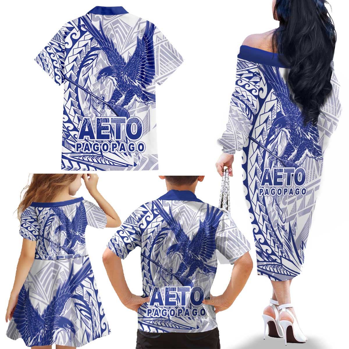 American Samoa Pago Pago Aeto Family Matching Off The Shoulder Long Sleeve Dress and Hawaiian Shirt Wingstyle Blue-White Color LT03 - Polynesian Pride