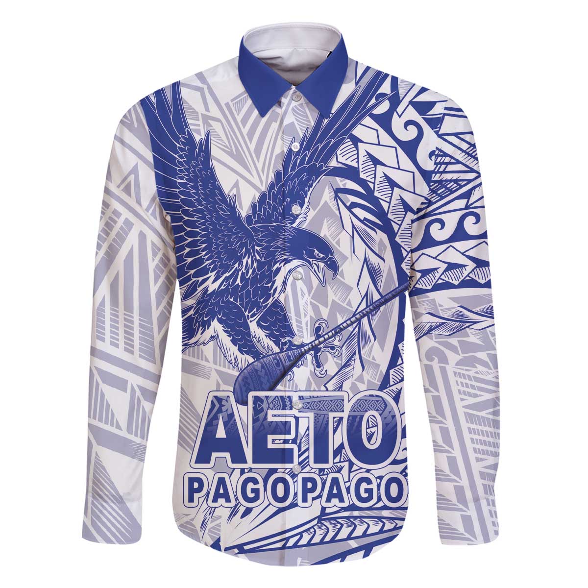 American Samoa Pago Pago Aeto Family Matching Off The Shoulder Long Sleeve Dress and Hawaiian Shirt Wingstyle Blue-White Color LT03 Dad's Shirt - Long Sleeve White - Polynesian Pride