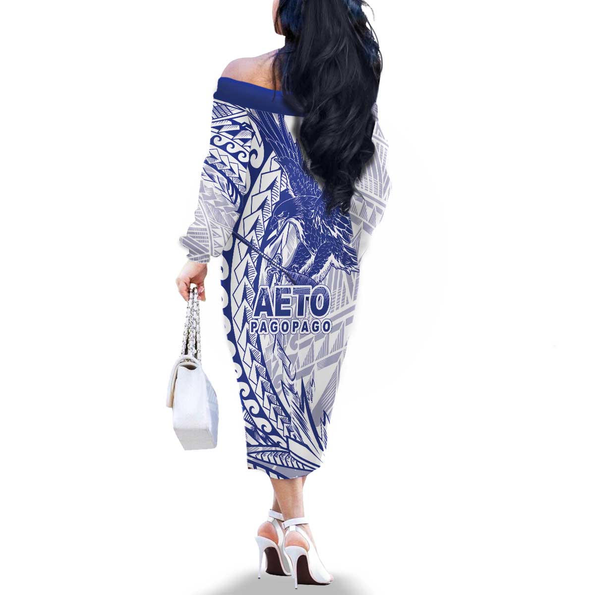 American Samoa Pago Pago Aeto Family Matching Off The Shoulder Long Sleeve Dress and Hawaiian Shirt Wingstyle Blue-White Color LT03 - Polynesian Pride