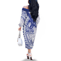 American Samoa Pago Pago Aeto Family Matching Off The Shoulder Long Sleeve Dress and Hawaiian Shirt Wingstyle Blue-White Color LT03 - Polynesian Pride