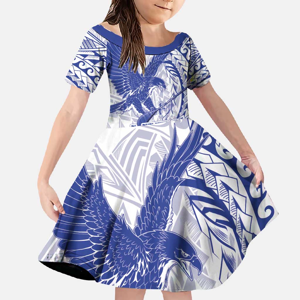 American Samoa Pago Pago Aeto Family Matching Off Shoulder Maxi Dress and Hawaiian Shirt Wingstyle Blue-White Color LT03 Daughter's Dress White - Polynesian Pride