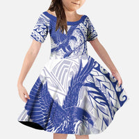 American Samoa Pago Pago Aeto Family Matching Off Shoulder Maxi Dress and Hawaiian Shirt Wingstyle Blue-White Color LT03 Daughter's Dress White - Polynesian Pride