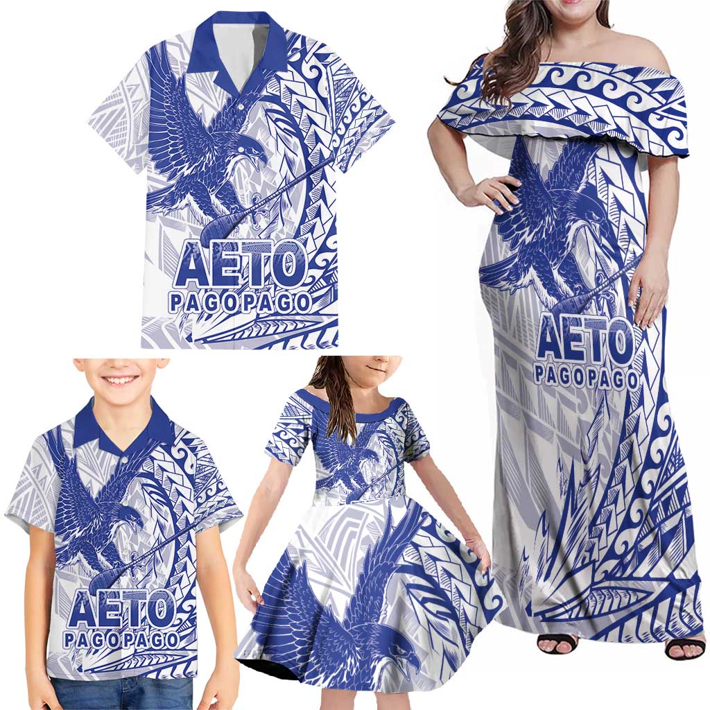 American Samoa Pago Pago Aeto Family Matching Off Shoulder Maxi Dress and Hawaiian Shirt Wingstyle Blue-White Color LT03 - Polynesian Pride