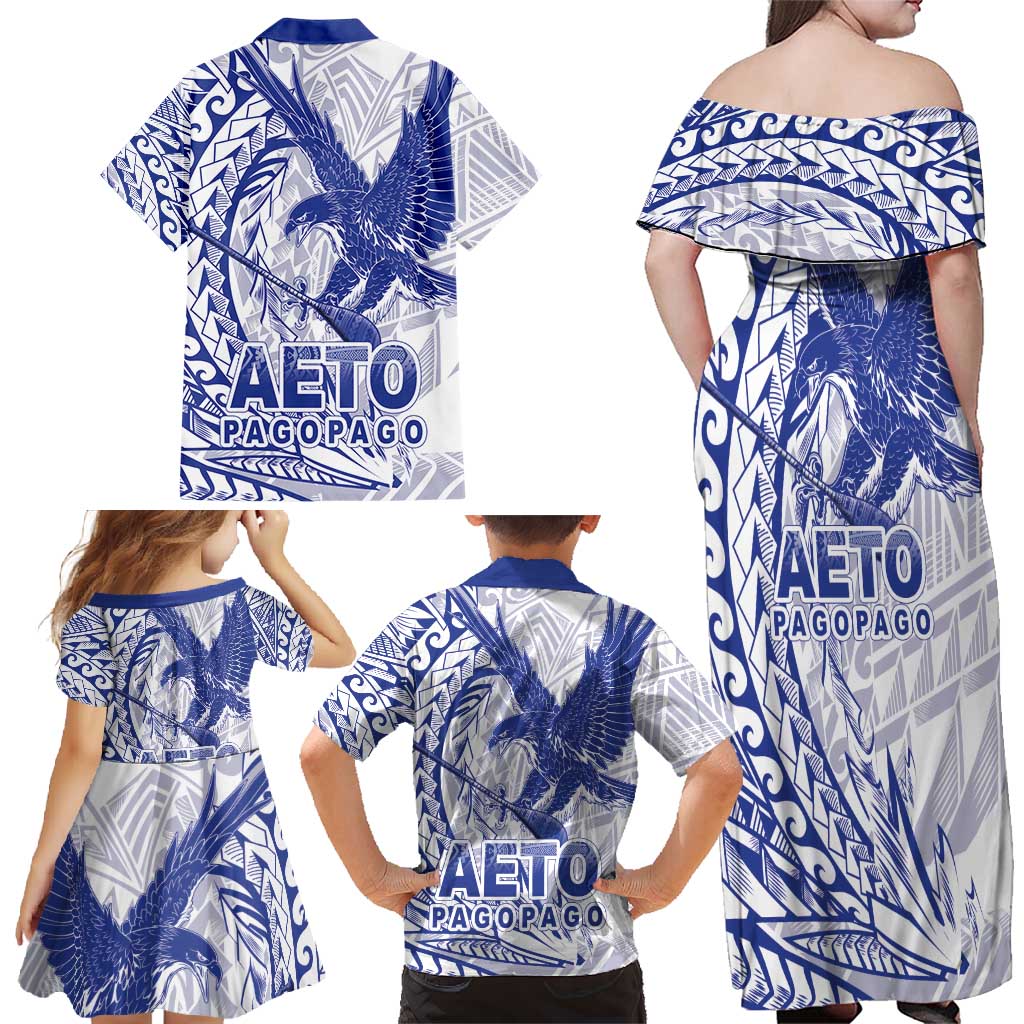 American Samoa Pago Pago Aeto Family Matching Off Shoulder Maxi Dress and Hawaiian Shirt Wingstyle Blue-White Color LT03 - Polynesian Pride