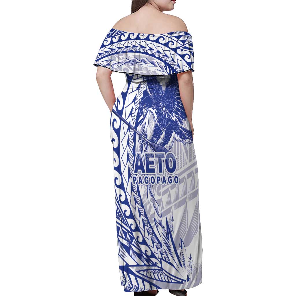 American Samoa Pago Pago Aeto Family Matching Off Shoulder Maxi Dress and Hawaiian Shirt Wingstyle Blue-White Color LT03 - Polynesian Pride