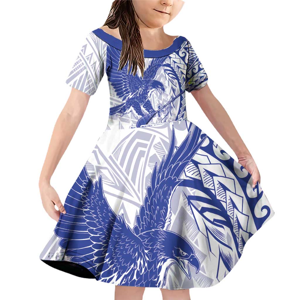 American Samoa Pago Pago Aeto Family Matching Off Shoulder Short Dress and Hawaiian Shirt Wingstyle Blue-White Color LT03 Daughter's Dress White - Polynesian Pride