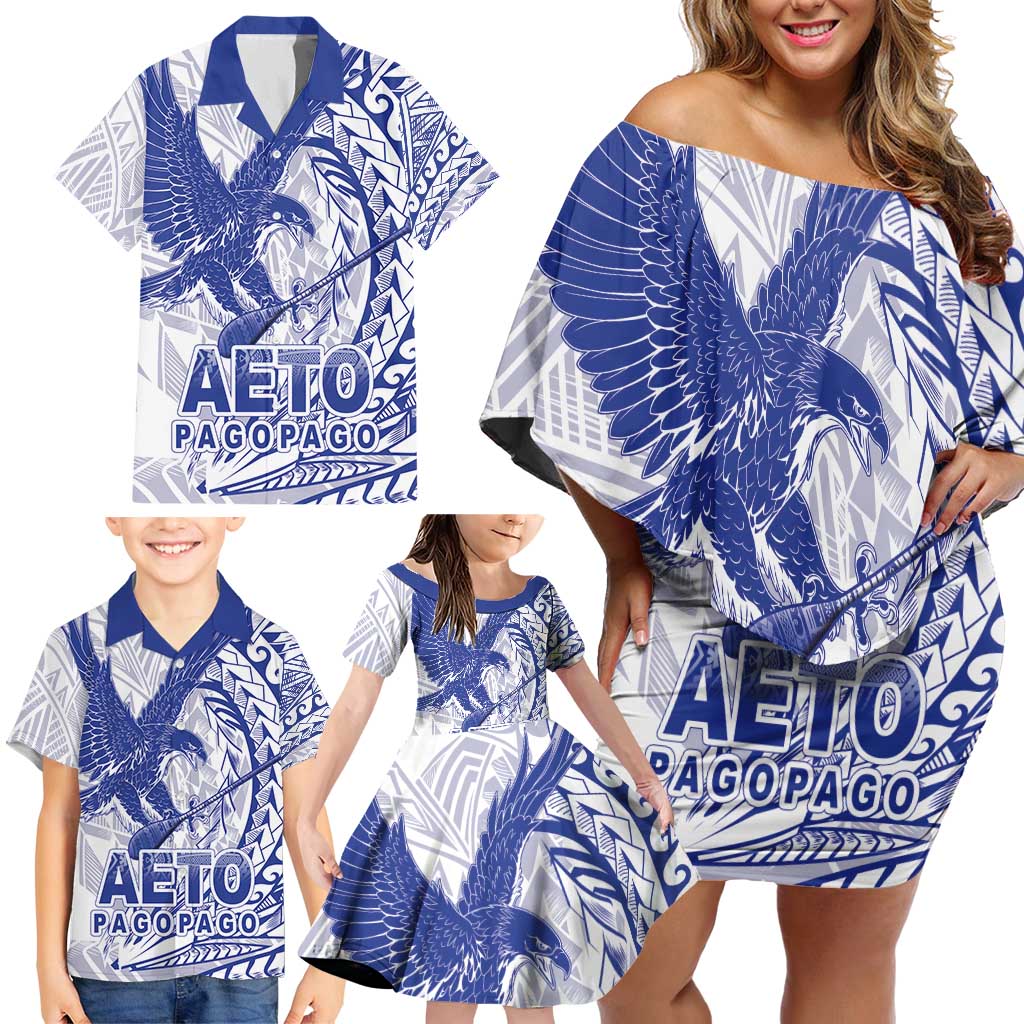 American Samoa Pago Pago Aeto Family Matching Off Shoulder Short Dress and Hawaiian Shirt Wingstyle Blue-White Color LT03 - Polynesian Pride