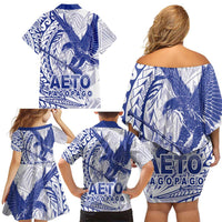 American Samoa Pago Pago Aeto Family Matching Off Shoulder Short Dress and Hawaiian Shirt Wingstyle Blue-White Color LT03 - Polynesian Pride