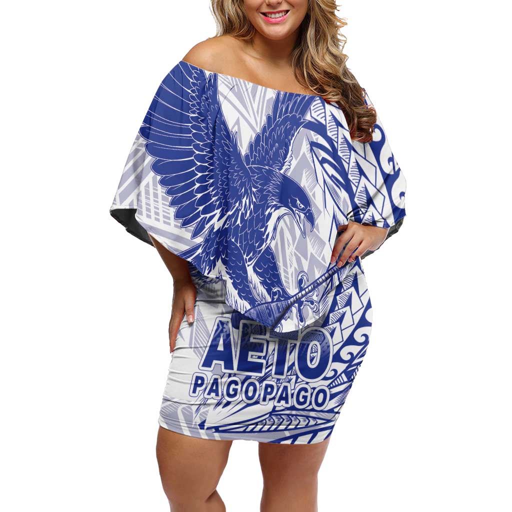American Samoa Pago Pago Aeto Family Matching Off Shoulder Short Dress and Hawaiian Shirt Wingstyle Blue-White Color LT03 Mom's Dress White - Polynesian Pride