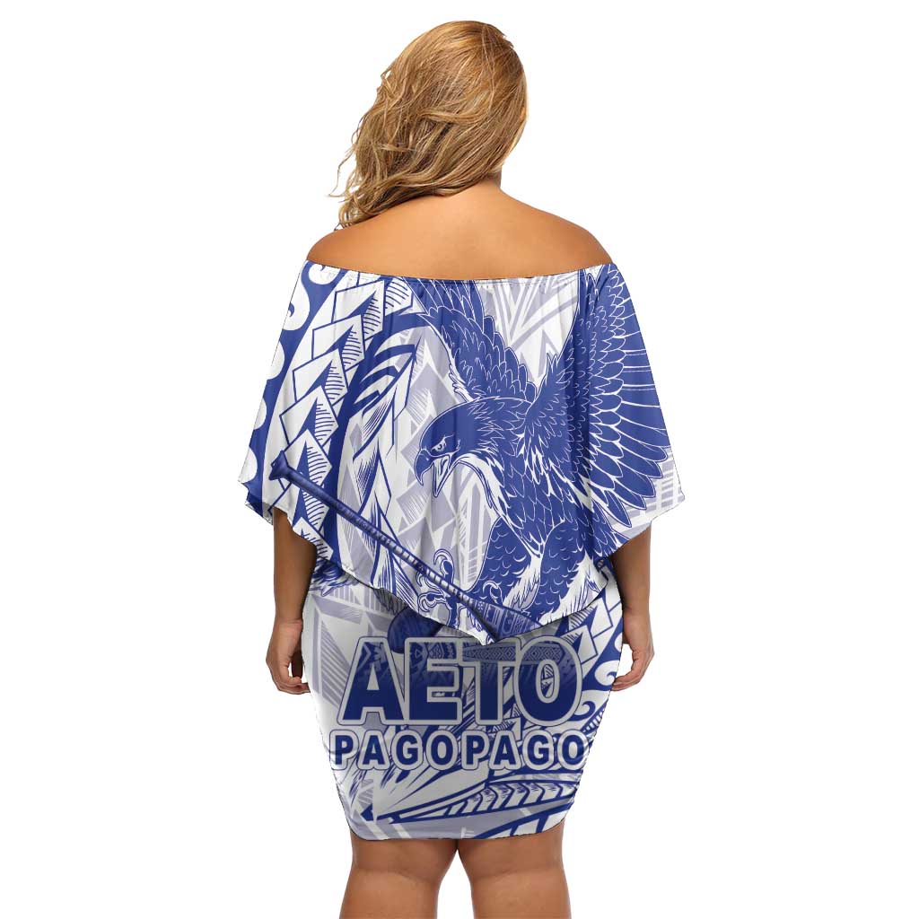 American Samoa Pago Pago Aeto Family Matching Off Shoulder Short Dress and Hawaiian Shirt Wingstyle Blue-White Color LT03 - Polynesian Pride