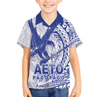 American Samoa Pago Pago Aeto Family Matching Off Shoulder Short Dress and Hawaiian Shirt Wingstyle Blue-White Color LT03 Son's Shirt White - Polynesian Pride