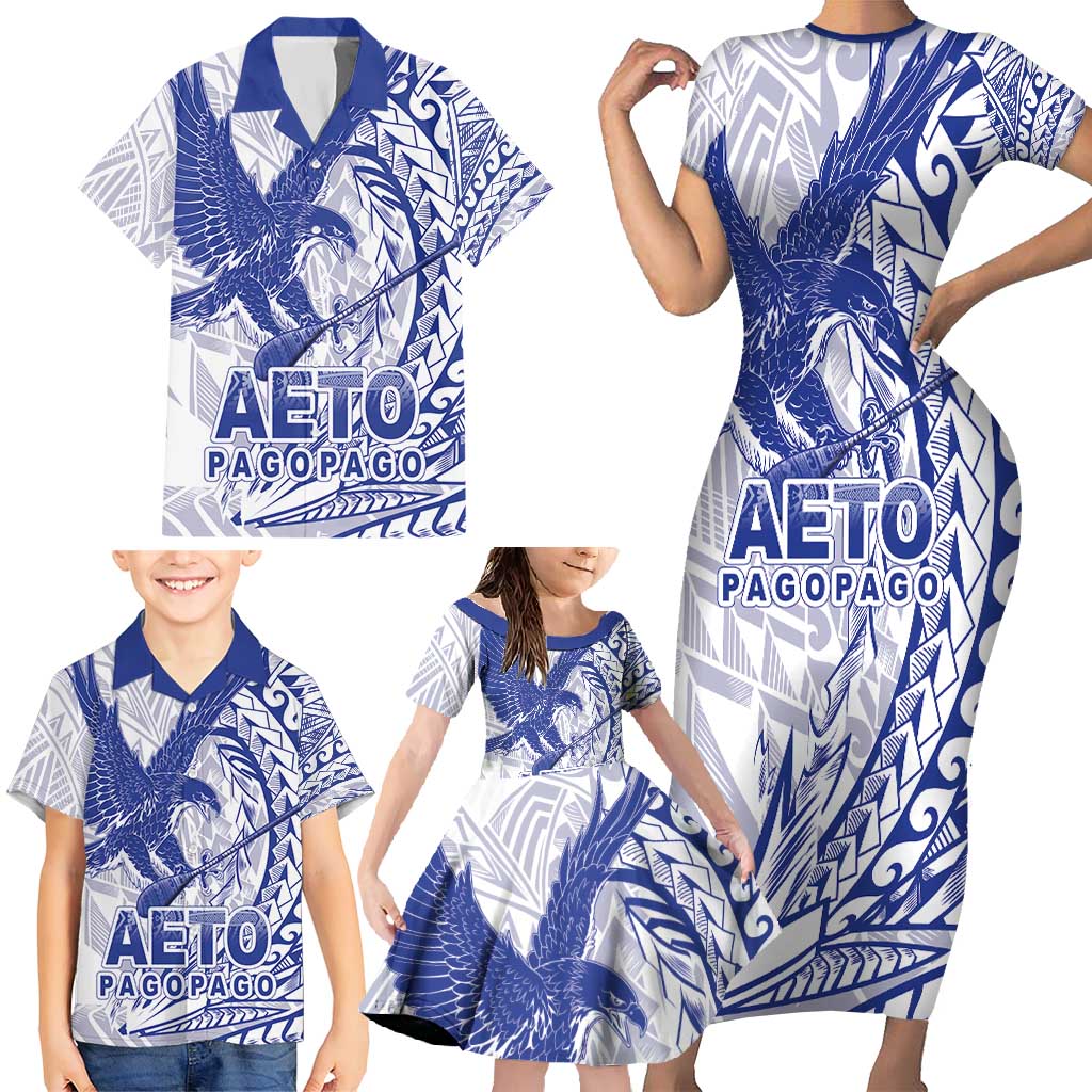 American Samoa Pago Pago Aeto Family Matching Short Sleeve Bodycon Dress and Hawaiian Shirt Wingstyle Blue-White Color LT03 - Polynesian Pride
