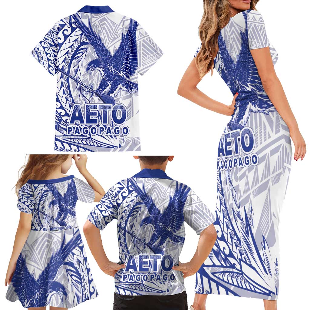 American Samoa Pago Pago Aeto Family Matching Short Sleeve Bodycon Dress and Hawaiian Shirt Wingstyle Blue-White Color LT03 - Polynesian Pride
