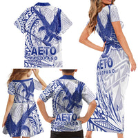 American Samoa Pago Pago Aeto Family Matching Short Sleeve Bodycon Dress and Hawaiian Shirt Wingstyle Blue-White Color LT03 - Polynesian Pride