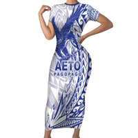 American Samoa Pago Pago Aeto Family Matching Short Sleeve Bodycon Dress and Hawaiian Shirt Wingstyle Blue-White Color LT03 Mom's Dress White - Polynesian Pride