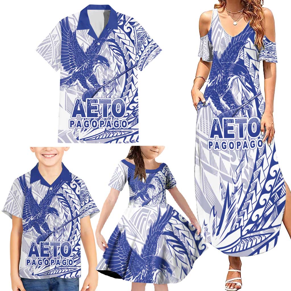 American Samoa Pago Pago Aeto Family Matching Summer Maxi Dress and Hawaiian Shirt Wingstyle Blue-White Color LT03 - Polynesian Pride