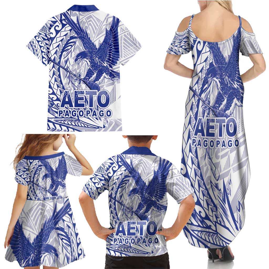 American Samoa Pago Pago Aeto Family Matching Summer Maxi Dress and Hawaiian Shirt Wingstyle Blue-White Color LT03 - Polynesian Pride