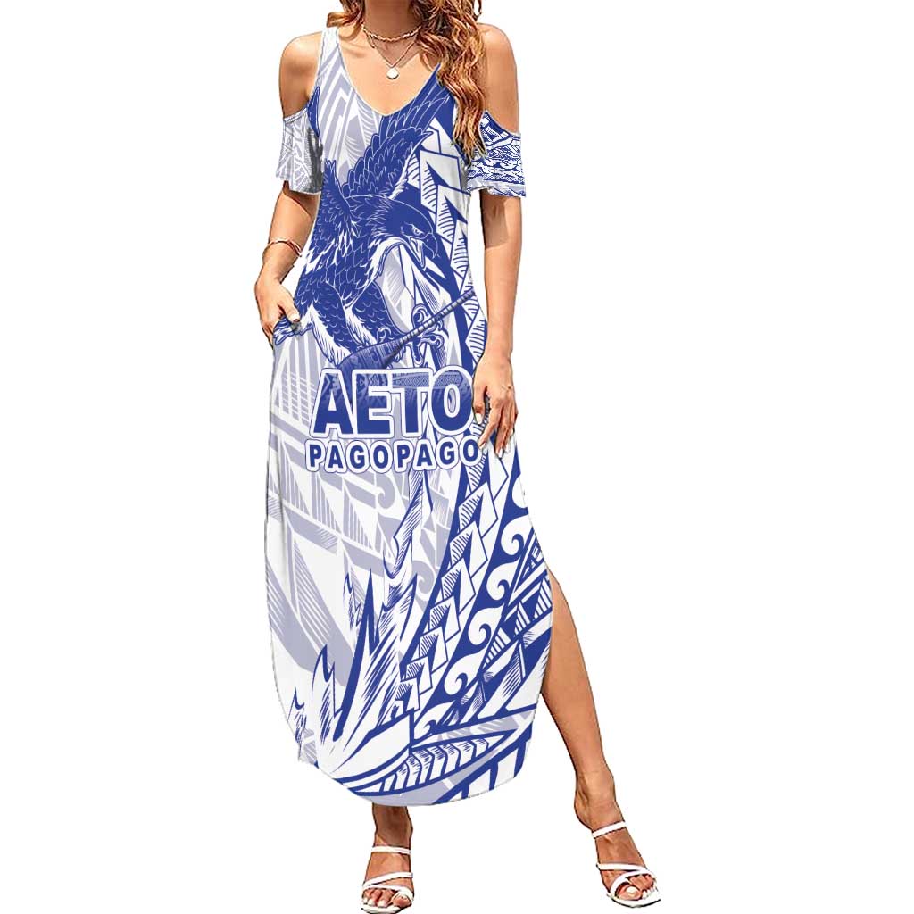 American Samoa Pago Pago Aeto Family Matching Summer Maxi Dress and Hawaiian Shirt Wingstyle Blue-White Color LT03 Mom's Dress White - Polynesian Pride