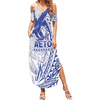 American Samoa Pago Pago Aeto Family Matching Summer Maxi Dress and Hawaiian Shirt Wingstyle Blue-White Color LT03 Mom's Dress White - Polynesian Pride