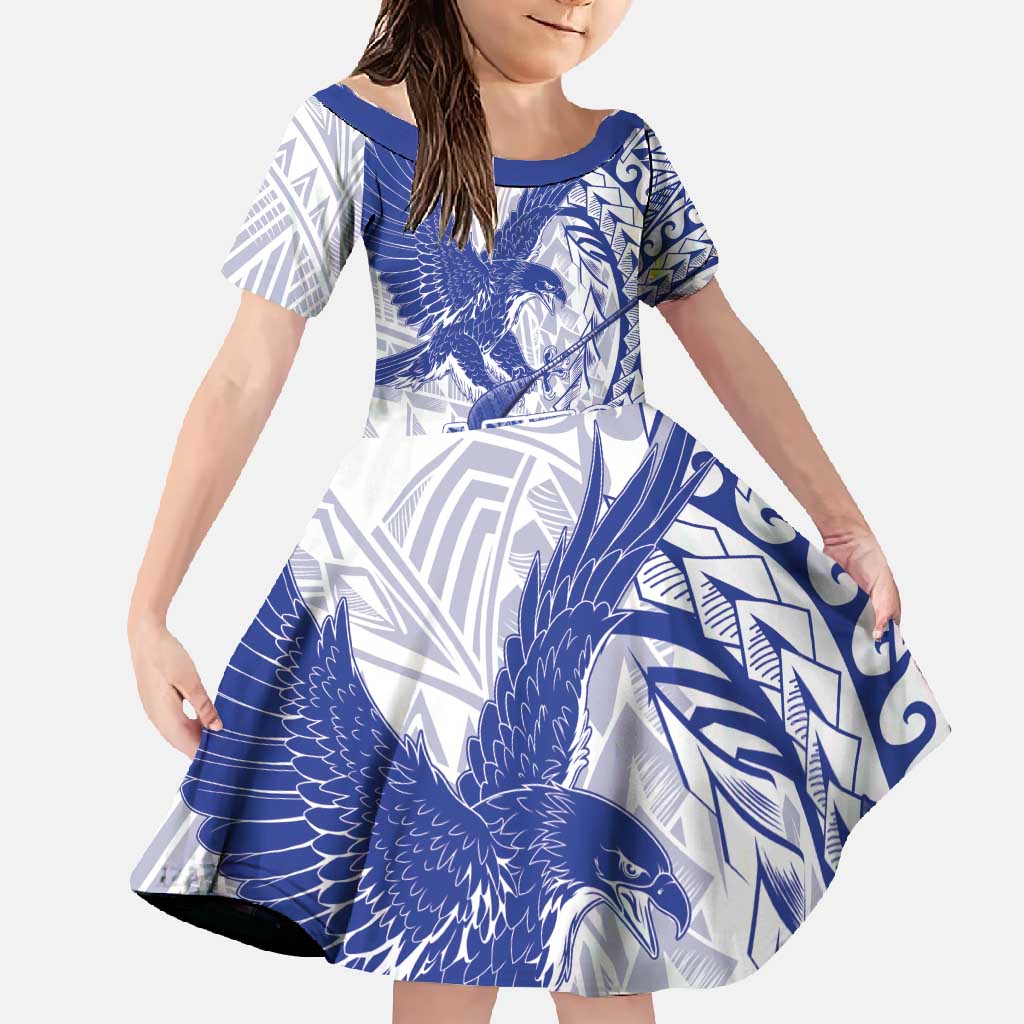 American Samoa Pago Pago Aeto Family Matching Tank Maxi Dress and Hawaiian Shirt Wingstyle Blue-White Color LT03 Daughter's Dress White - Polynesian Pride
