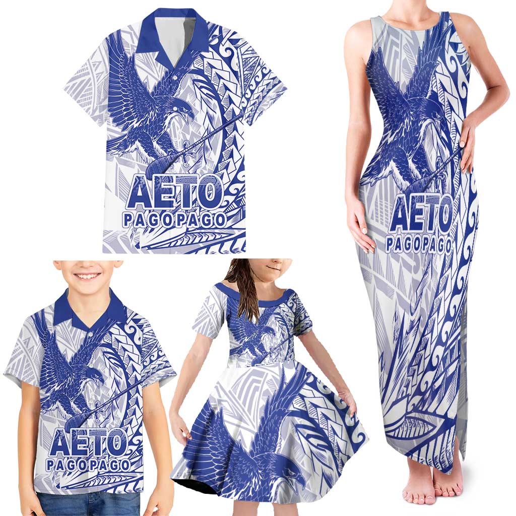 American Samoa Pago Pago Aeto Family Matching Tank Maxi Dress and Hawaiian Shirt Wingstyle Blue-White Color LT03 - Polynesian Pride
