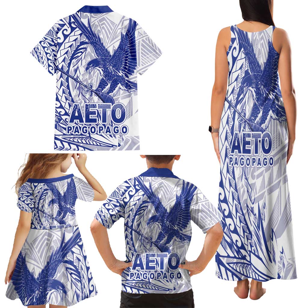 American Samoa Pago Pago Aeto Family Matching Tank Maxi Dress and Hawaiian Shirt Wingstyle Blue-White Color LT03 - Polynesian Pride