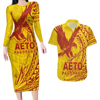 American Samoa Pago Pago Aeto Couples Matching Long Sleeve Bodycon Dress and Hawaiian Shirt Wingstyle Red-Gold Color LT03 Yellow - Polynesian Pride