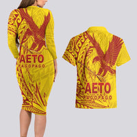 American Samoa Pago Pago Aeto Couples Matching Long Sleeve Bodycon Dress and Hawaiian Shirt Wingstyle Red-Gold Color LT03 - Polynesian Pride
