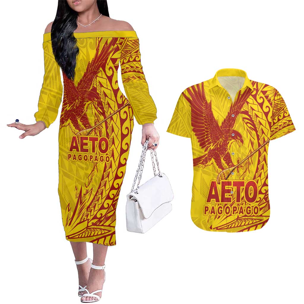 American Samoa Pago Pago Aeto Couples Matching Off The Shoulder Long Sleeve Dress and Hawaiian Shirt Wingstyle Red-Gold Color LT03 Yellow - Polynesian Pride