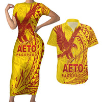 American Samoa Pago Pago Aeto Couples Matching Short Sleeve Bodycon Dress and Hawaiian Shirt Wingstyle Red-Gold Color LT03 Yellow - Polynesian Pride
