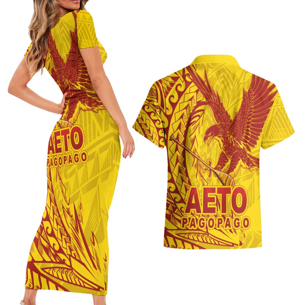 American Samoa Pago Pago Aeto Couples Matching Short Sleeve Bodycon Dress and Hawaiian Shirt Wingstyle Red-Gold Color LT03 - Polynesian Pride