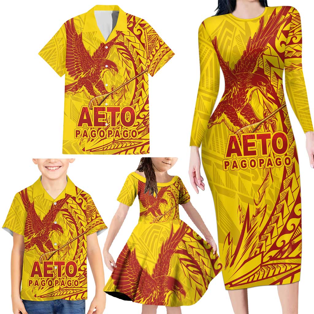 American Samoa Pago Pago Aeto Family Matching Long Sleeve Bodycon Dress and Hawaiian Shirt Wingstyle Red-Gold Color LT03 - Polynesian Pride