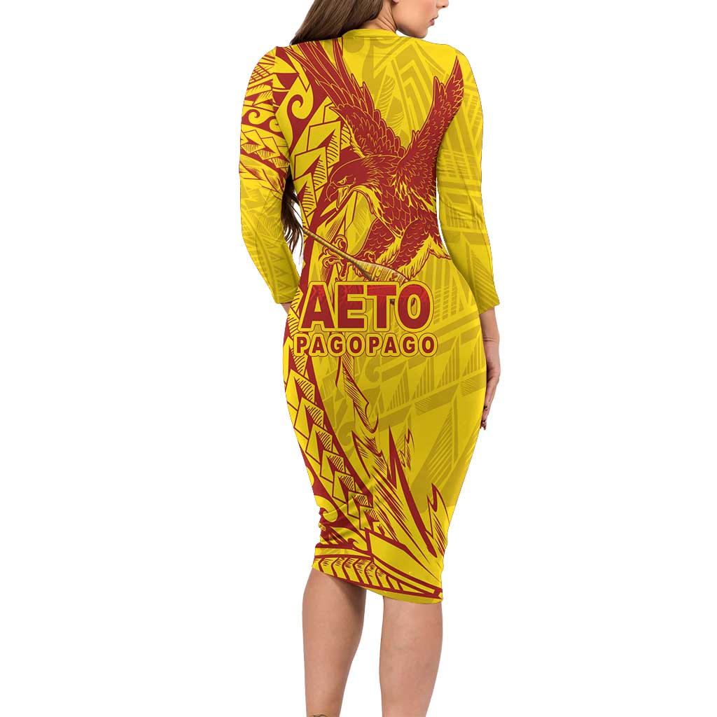 American Samoa Pago Pago Aeto Family Matching Long Sleeve Bodycon Dress and Hawaiian Shirt Wingstyle Red-Gold Color LT03 - Polynesian Pride