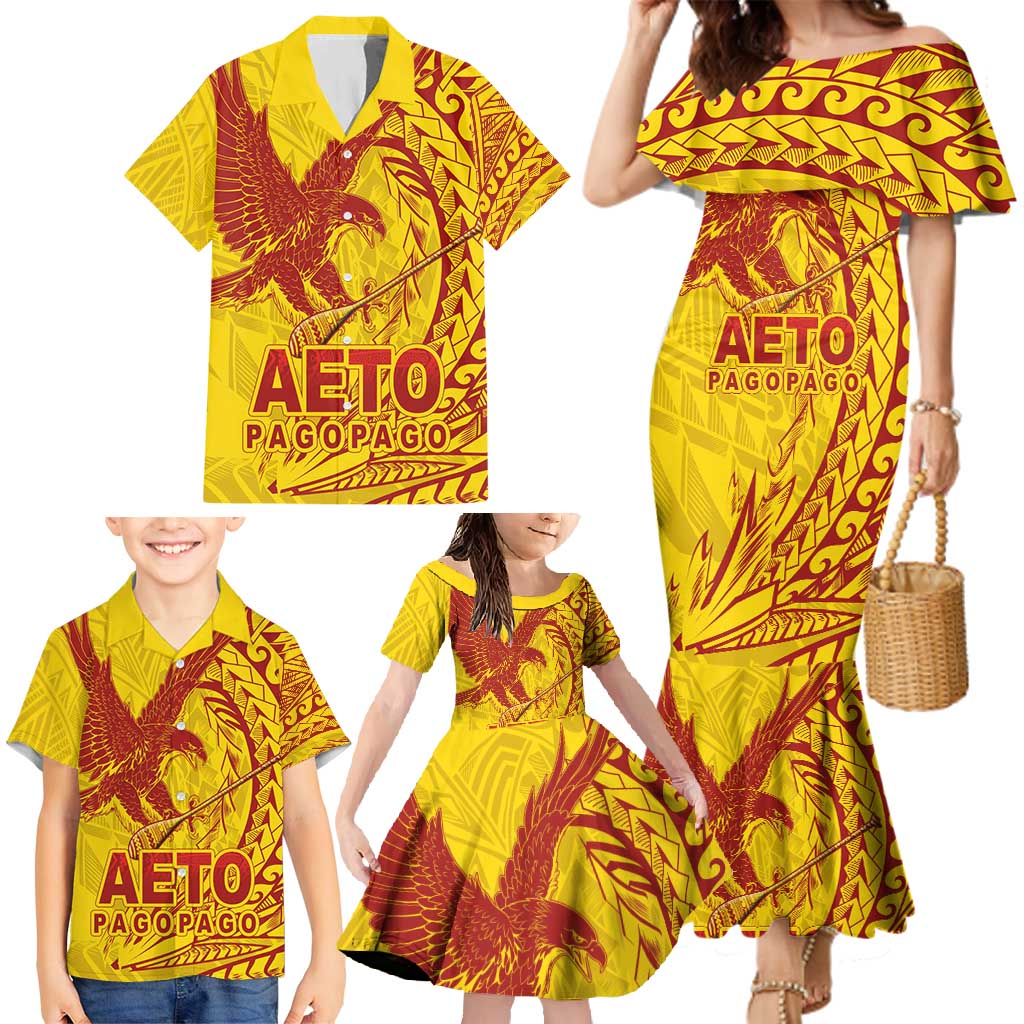 American Samoa Pago Pago Aeto Family Matching Mermaid Dress and Hawaiian Shirt Wingstyle Red-Gold Color LT03 - Polynesian Pride