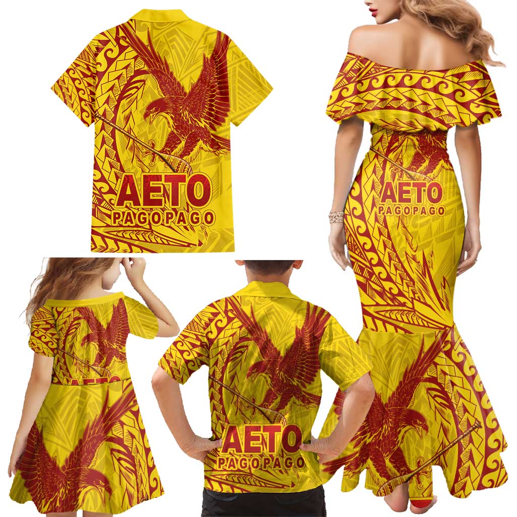 American Samoa Pago Pago Aeto Family Matching Mermaid Dress and Hawaiian Shirt Wingstyle Red-Gold Color LT03 - Polynesian Pride