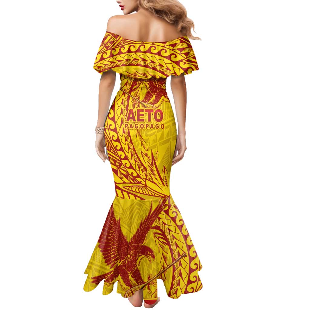 American Samoa Pago Pago Aeto Family Matching Mermaid Dress and Hawaiian Shirt Wingstyle Red-Gold Color LT03 - Polynesian Pride