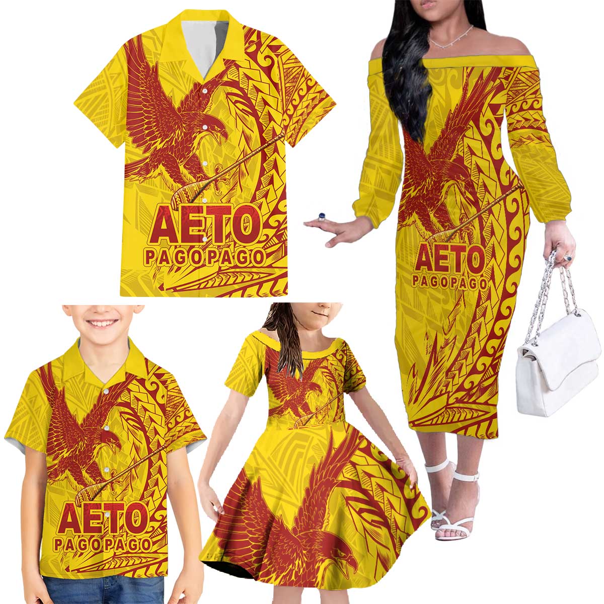 American Samoa Pago Pago Aeto Family Matching Off The Shoulder Long Sleeve Dress and Hawaiian Shirt Wingstyle Red-Gold Color LT03 - Polynesian Pride