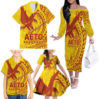 American Samoa Pago Pago Aeto Family Matching Off The Shoulder Long Sleeve Dress and Hawaiian Shirt Wingstyle Red-Gold Color LT03 - Polynesian Pride