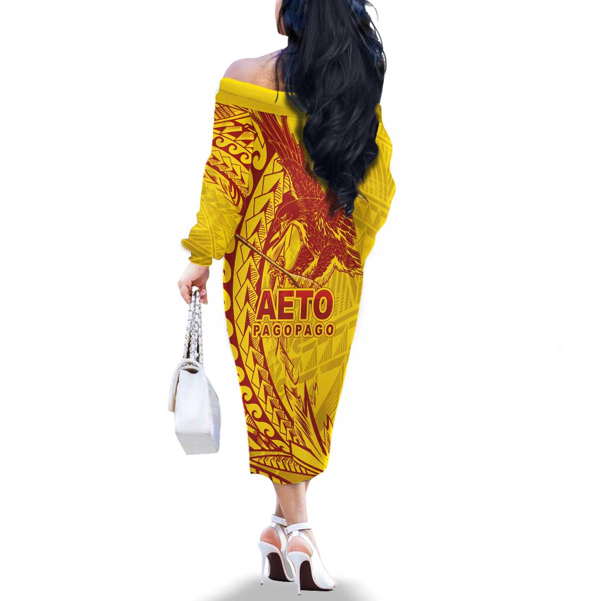 American Samoa Pago Pago Aeto Family Matching Off The Shoulder Long Sleeve Dress and Hawaiian Shirt Wingstyle Red-Gold Color LT03 - Polynesian Pride