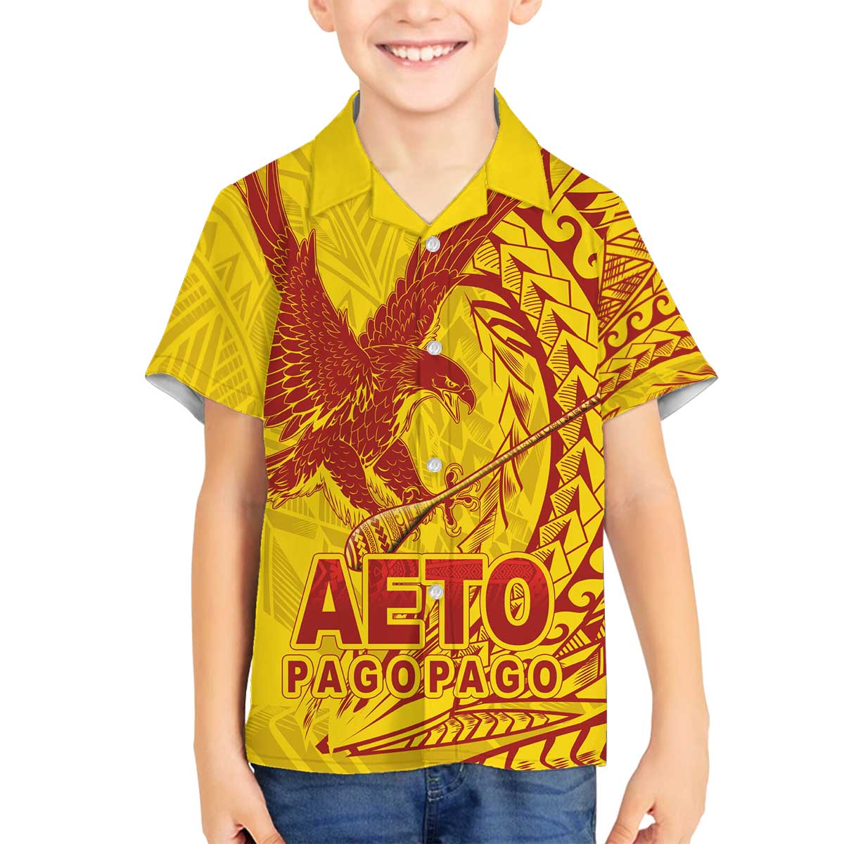 American Samoa Pago Pago Aeto Family Matching Off The Shoulder Long Sleeve Dress and Hawaiian Shirt Wingstyle Red-Gold Color LT03 Son's Shirt Yellow - Polynesian Pride