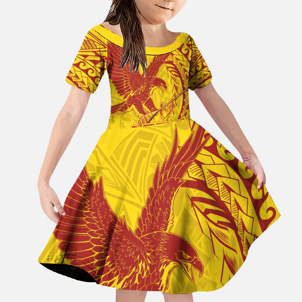 American Samoa Pago Pago Aeto Family Matching Off Shoulder Maxi Dress and Hawaiian Shirt Wingstyle Red-Gold Color LT03 Daughter's Dress Yellow - Polynesian Pride