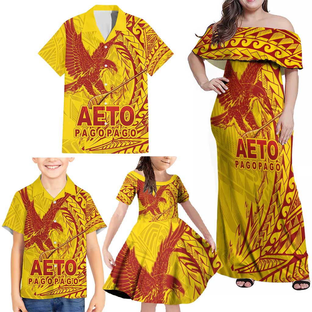 American Samoa Pago Pago Aeto Family Matching Off Shoulder Maxi Dress and Hawaiian Shirt Wingstyle Red-Gold Color LT03 - Polynesian Pride