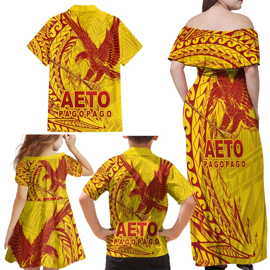 American Samoa Pago Pago Aeto Family Matching Off Shoulder Maxi Dress and Hawaiian Shirt Wingstyle Red-Gold Color LT03 - Polynesian Pride