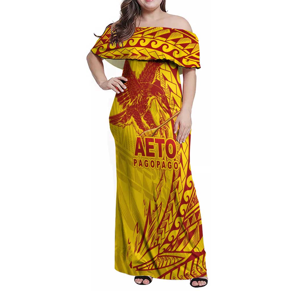 American Samoa Pago Pago Aeto Family Matching Off Shoulder Maxi Dress and Hawaiian Shirt Wingstyle Red-Gold Color LT03 Mom's Dress Yellow - Polynesian Pride
