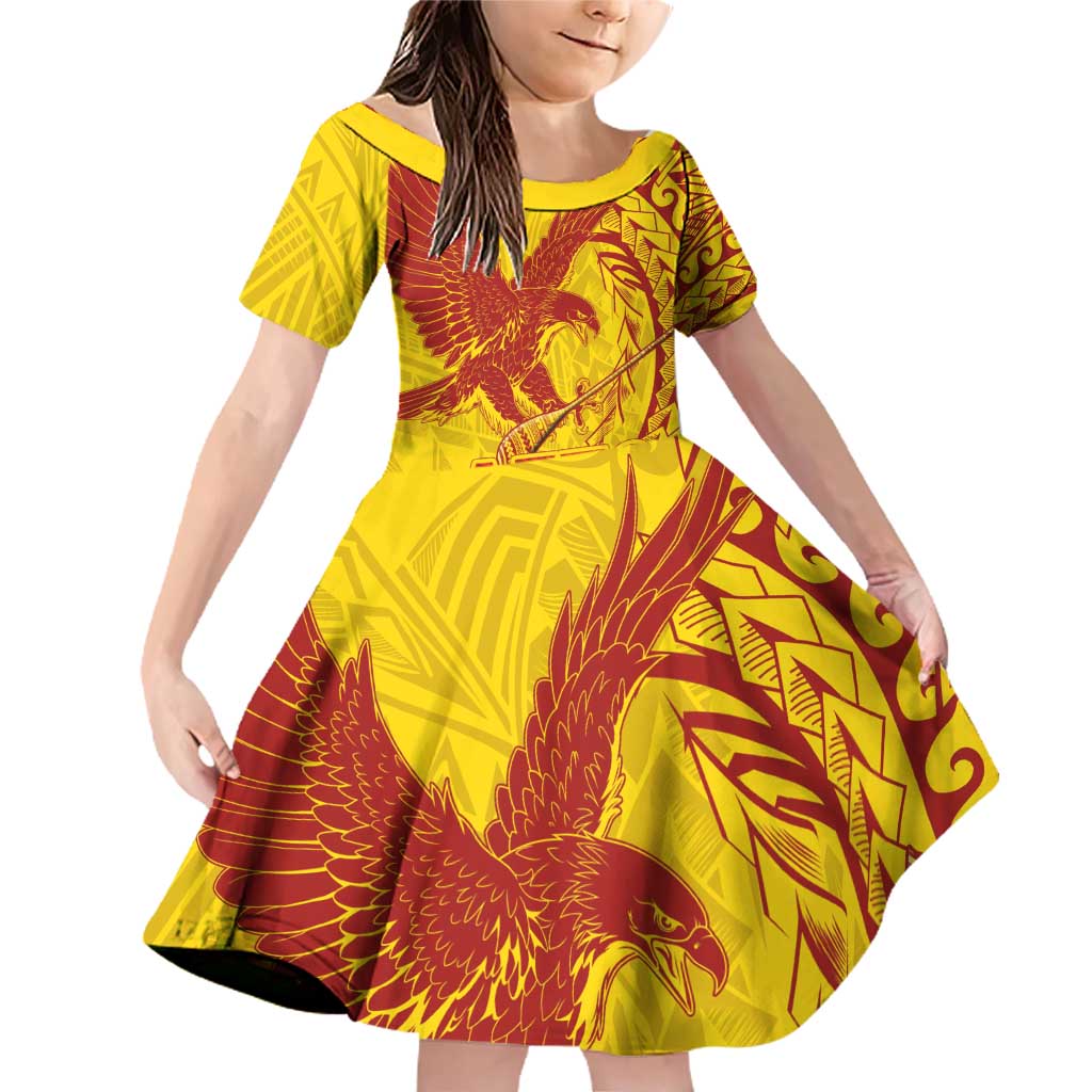 American Samoa Pago Pago Aeto Family Matching Off Shoulder Short Dress and Hawaiian Shirt Wingstyle Red-Gold Color LT03 Daughter's Dress Yellow - Polynesian Pride
