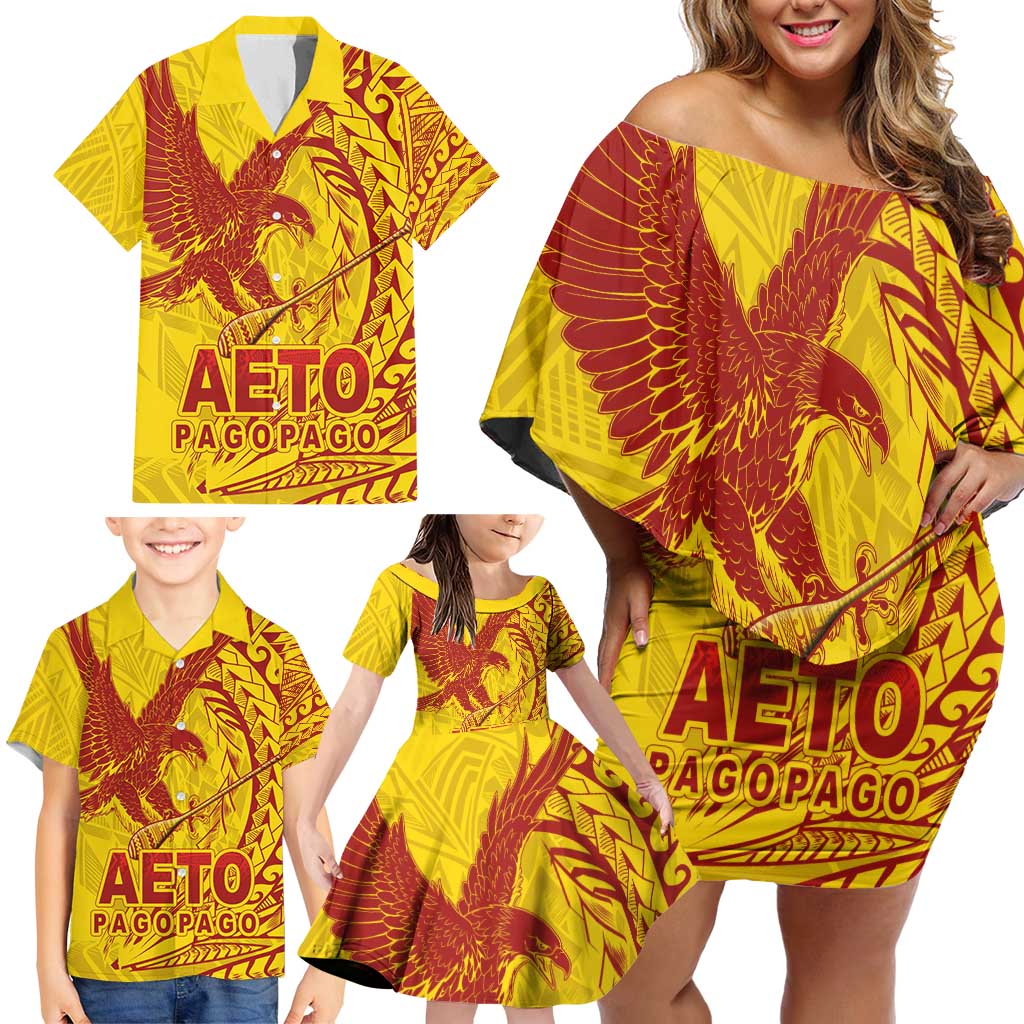 American Samoa Pago Pago Aeto Family Matching Off Shoulder Short Dress and Hawaiian Shirt Wingstyle Red-Gold Color LT03 - Polynesian Pride