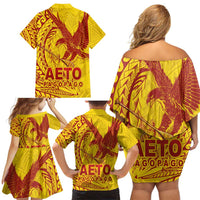 American Samoa Pago Pago Aeto Family Matching Off Shoulder Short Dress and Hawaiian Shirt Wingstyle Red-Gold Color LT03 - Polynesian Pride